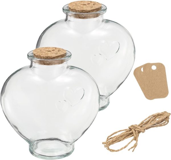 2 Pcs 18 oz/600ML Heart Shaped Glass Jars With Cork Stoppers, Clear Message Wishing Bottle with Twine and Blank Tags for Halloween Decorations, Wedding Shower Favors