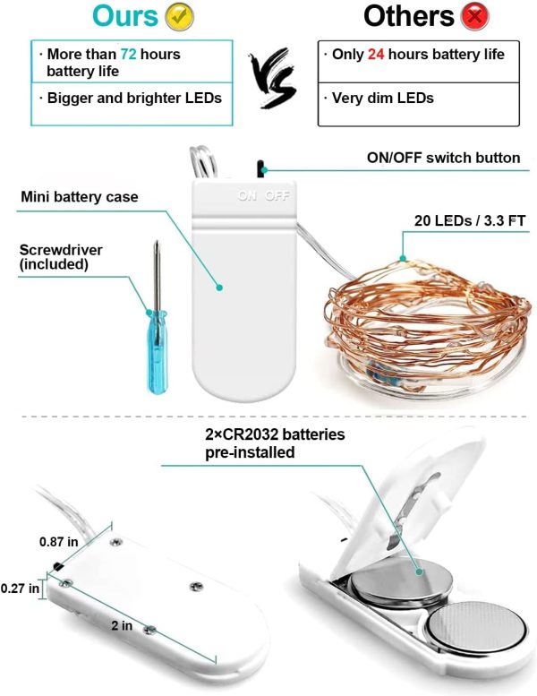 20 Pack Fairy Lights Battery Operated 3.3ft 20 LED Mini String Lights Waterproof Copper Wire for Wedding Party Mason Jars Christmas Decorations, Warm White - Image 2