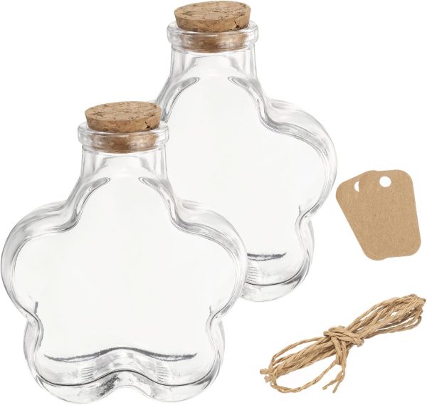 2 Pcs 11.4 oz/380ML Flower Shaped Glass Jars With Cork Stoppers, Clear Message Wishing Bottle with Twine and Blank Tags for Halloween Decorations, Wedding Shower Favors