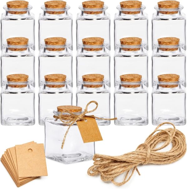 15 Pack Small Glass Bottles with Cork Stoppers - Mini Jars with Cork Lids, Twine, and Blank Tags for Crafting & Spices - Small Bottles 1.7 Oz (50ml)