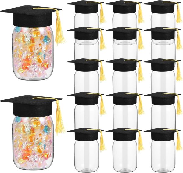 16 Set DIY Graduation Jar Decorations Mason Jar Graduation Candy Gifts Jar Plastic Jars and Class of 2025 Felt Graduation Cap for 2025 Graduation Gift Party Decoration Supplies