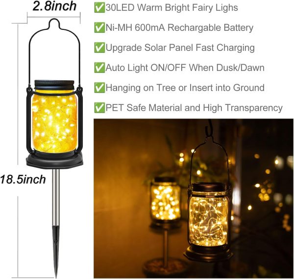 Solar Mason Jar Lights,4 Pack 30 Led Fairy Hanging Jar Lights,Solar Lanterns for Outdoor Patio Party Garden Wedding Decor Lights(Mason Jars/Handles Included) - Image 2