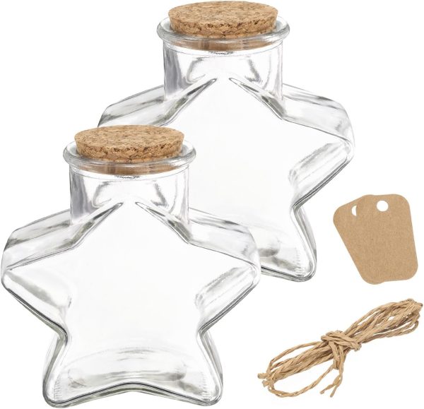 2 Pcs 12 oz/400ML Star Shaped Glass Jars With Cork Stoppers, Clear Message Wishing Bottle with Twine and Blank Tags for Halloween Decorations, Wedding Shower Favors