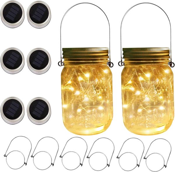 6 Pack Solar Mason Jar Lights for Outside, 30 LED Solar Mason Jar Lids Fairy Lights with 6 Hangers(No Jars) Outdoor Waterproof for DIY Patio Garden Yard Lawn Party Wedding Decoration Warm White