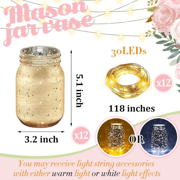 12 Pcs Painted Mason Jars for Table Glass Decorative Jars with 12 Light Strings for DIY Wedding Valentines Day Housewarming Home Decoration(Gold) - Image 2