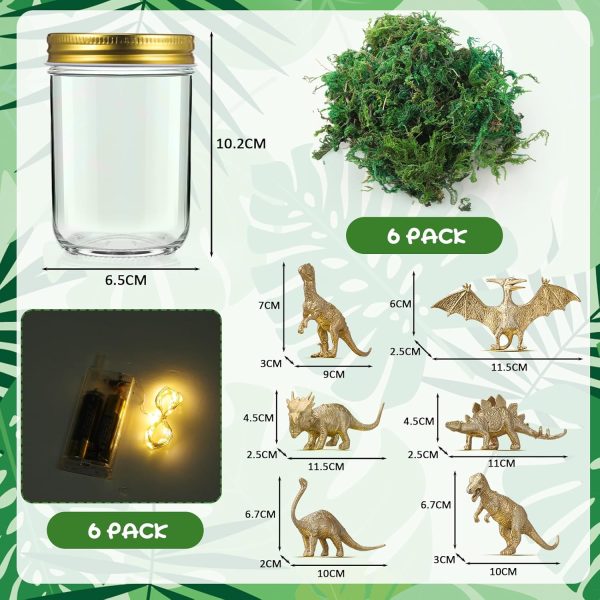 6 Sets Dinosaur Party Decorations Centerpieces, DIY Mason Jars with Gold Dinosaur Simulated Moss and Light Strips, Dinosaur Baby Shower Favors Jungle Animal Theme Table Decor - Image 2