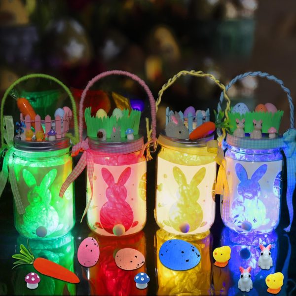 4 Pack Light Up Easter Craft Kit, DIY Easter Lantern Craft, Mason Jars Easter Hanging Lantern Decoration, Indoor Garden Decor, DIY Night Light
