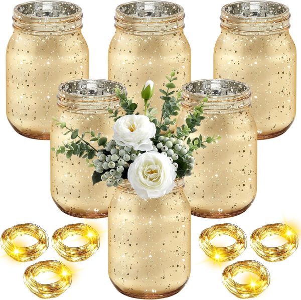 6 Pcs Painted Mason Jars Colored Painted Mason Jars Decorative Mason Jars Centerpiece for Table Glass Decorative Jar with 6 Pcs 9.84 ft 30 LED Operated Fairy Lights for Wedding(Gold)