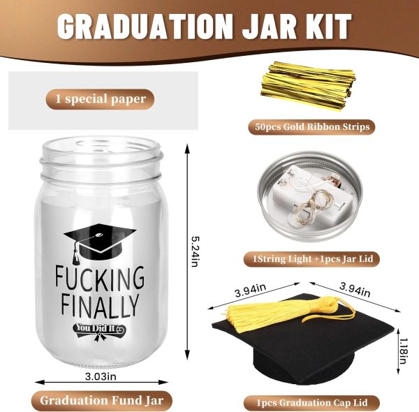 Graduation Gifts 2025-DIY Graduation Mason Jar with LED Lights, Graduation Fund Candy Gifts Jar with Graduation Cap Lid for Graduation Party Decorations(Finally) - Image 2