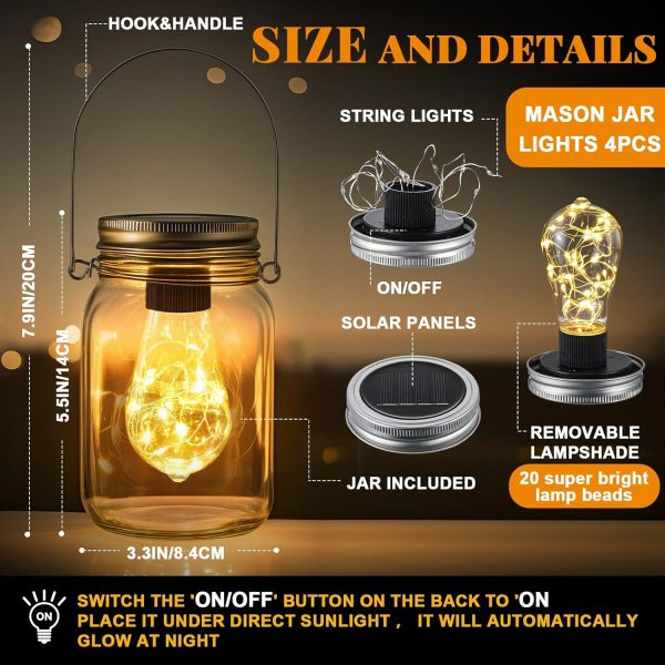 4 Pack Glass Solar Mason Jar Lights Outdoor Hanging Mason Jar Lights Included Glass Bulbs and Light Strings LED Decorative Garden Lanterns for Wedding DIY Patio Yard Backyard Balcony - Image 2