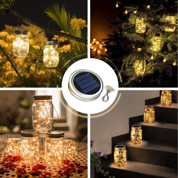 Mason Jar Solar Lights for Outside, 12 Pack 30 LED Fairy Firefly Lights Mason Jar Solar Lids Outdoor Waterproof String Lights with Hangers(NO JARS) for Patio Garden Yard Lawn Decor - Warm White - Image 2
