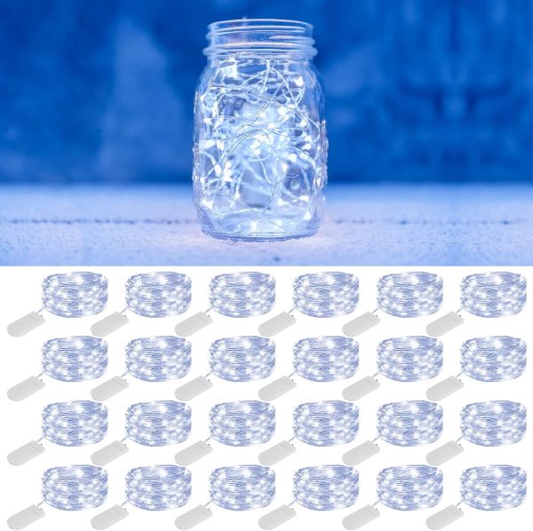 24 Pack Fairy Lights Battery Operated, 6.5ft 20 LED String Lights Flexible Silver Wire Mini Fairy String Lights for Mason Jars DIY Wedding Party Christmas Decor