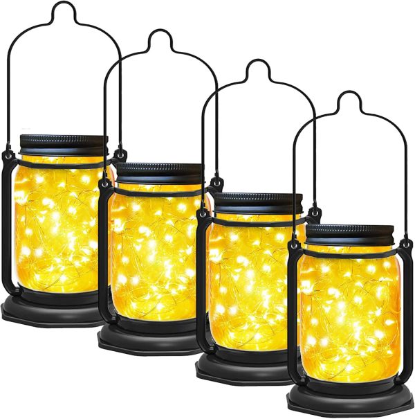 Solar Mason Jar Lights,4 Pack 30 Led Fairy Hanging Jar Lights,Solar Lanterns for Outdoor Patio Party Garden Wedding Decor Lights(Mason Jars/Handles Included)