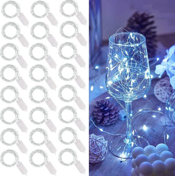 24 Pack Fairy Lights Battery Operated (Included), 7 ft 20 LED Mini String Lights, Waterproof Silver Wire Firefly Starry Lights for DIY Wedding Christmas Party Mason Jars Decor, Cool White