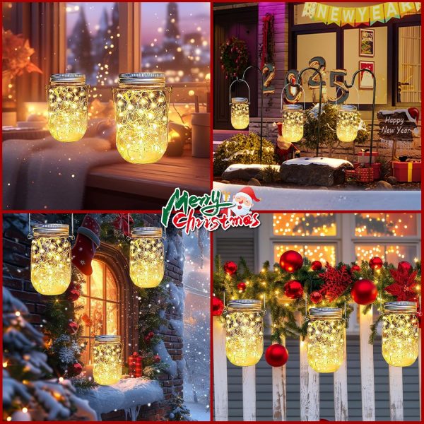 12 Pack Solar Mason Jar Lid Lights - 30 LED Firefly Fairy String Lights, Waterproof Outdoor Solar Lights with Hangers for Regular Mouth Jars (No Jars Included) - Image 2