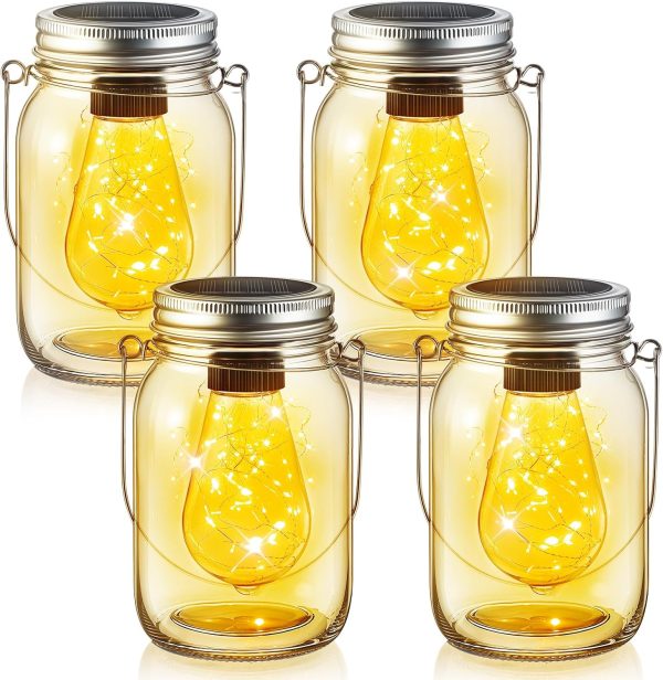 4 Pack Glass Solar Mason Jar Lights Outdoor Hanging Mason Jar Lights Included Glass Bulbs and Light Strings LED Decorative Garden Lanterns for Wedding DIY Patio Yard Backyard Balcony