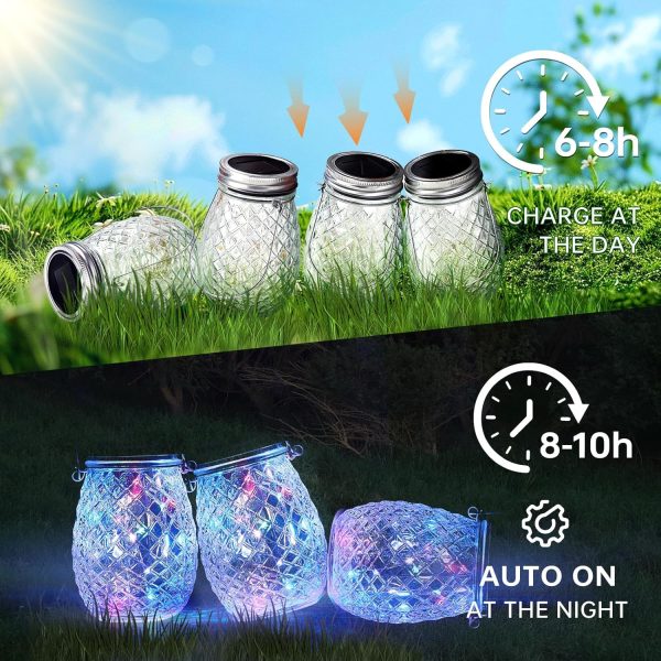 30 LED Hanging Solar Fairy Lights, Jars & Hangers Included, 6 Pack Waterproof Glass Mason Jar Lights Solar Powered, Ideal Outdoor Decor for Garden Patios, Yards, and Lawns, Colored - Image 2