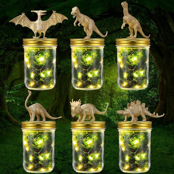 6 Sets Dinosaur Party Decorations Centerpieces, DIY Mason Jars with Gold Dinosaur Simulated Moss and Light Strips, Dinosaur Baby Shower Favors Jungle Animal Theme Table Decor