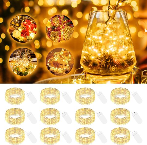 12 Pack LED Fairy Lights Battery Operated, 7ft 20LED Mini String Lights Waterproof, Silver Wire Firefly Starry Lights Bulk for Mason Jars Crafts Table Centerpieces Party Christmas, Warm White