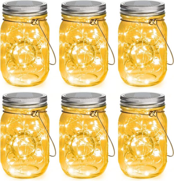 Mason Jar Solar Lights -30 LED, 6 Pack Hanging Solar Lanterns Outdoor, Waterproof Fairy Lights for Patio Garden, Warm White