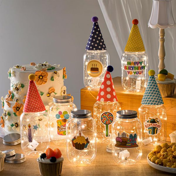 8 Pcs Birthday Jar Gift Party Decor with LED Light Hat Sticker Mason Jar Table Centerpieces Happy Birthday to You Party Favors for Adult Guest Gift Table Desk Home Room Supplies