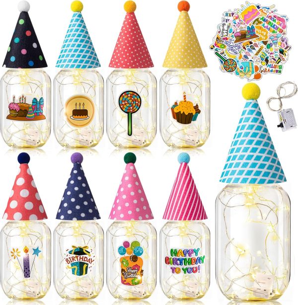 8 Pcs Birthday Jar Gift Party Decor with LED Light Hat Sticker Mason Jar Table Centerpieces Happy Birthday to You Party Favors for Adult Guest Gift Table Desk Home Room Supplies - Image 2