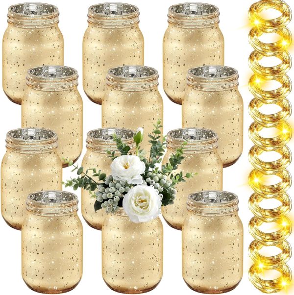 12 Pcs Painted Mason Jars for Table Glass Decorative Jars with 12 Light Strings for DIY Wedding Valentines Day Housewarming Home Decoration(Gold)