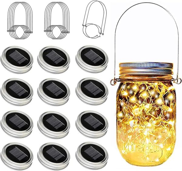 Mason Jar Solar Lights for Outside, 12 Pack 30 LED Fairy Firefly Lights Mason Jar Solar Lids Outdoor Waterproof String Lights with Hangers(NO JARS) for Patio Garden Yard Lawn Decor - Warm White