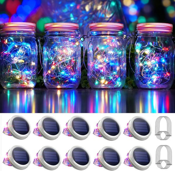 30 LED 10 Packs Mason Jar Lights with Hangers Colorful Solar Mason Jar Lids Fairy String Light Outdoor for Patio Yard Garden Decor Christmas Wedding Party Lights (NO Jars)