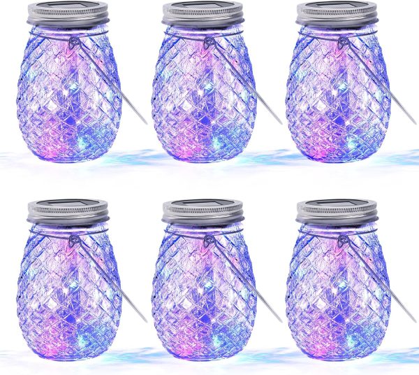 30 LED Hanging Solar Fairy Lights, Jars & Hangers Included, 6 Pack Waterproof Glass Mason Jar Lights Solar Powered, Ideal Outdoor Decor for Garden Patios, Yards, and Lawns, Colored